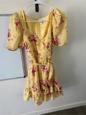 Likely Yellow Floral Mini Dress with Puff Sleeves